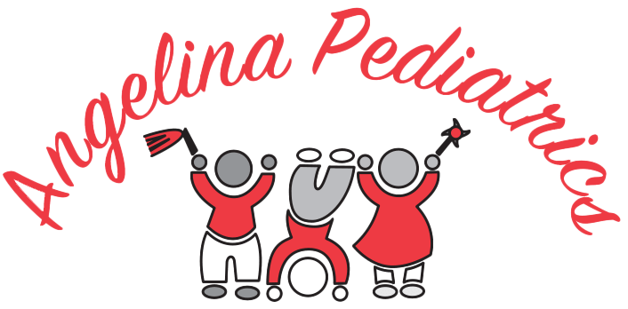 Logo for Angelina Pediatrics with three playful, stylized children in red and gray; one holds a pennant, one stands on their hands, and one holds a star wand. Angelina Pediatrics is written in red script above them.