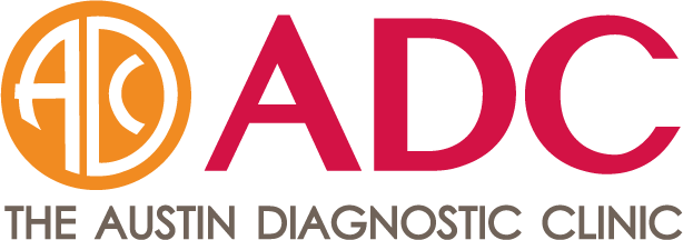 Logo for The Austin Diagnostic Clinic. It features the initials ADC in large red letters, with a circular orange and white design to the left and the clinic’s full name written below in gray capital letters.