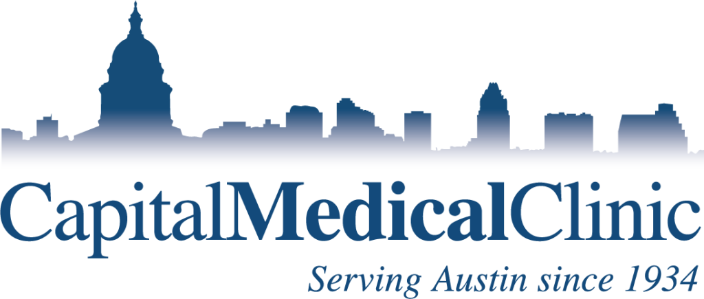 Blue silhouette of the Austin skyline with text below that reads, Capital Medical Clinic and Serving Austin since 1934.