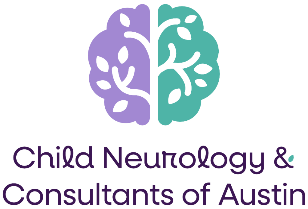 Logo of Child Neurology & Consultants of Austin, featuring a stylized brain divided into purple and teal halves with tree branches and leaves, above the clinic name in purple text.