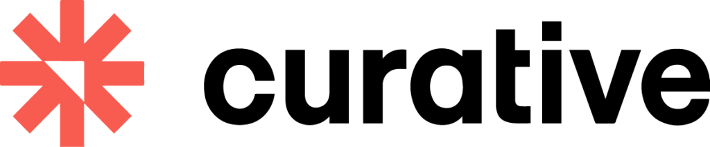 Red geometric star-like logo to the left of the word “curative” in bold, black, lowercase letters on a light gray background.