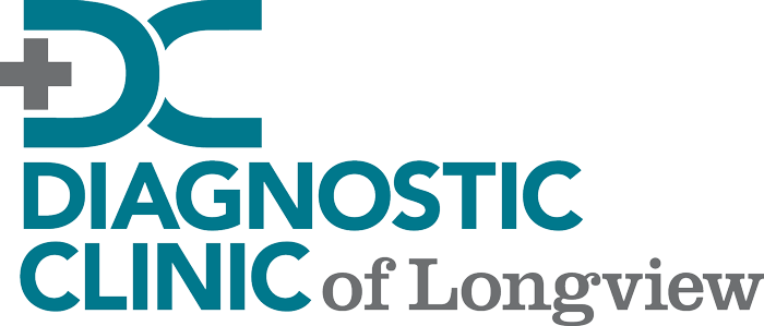 Logo for Diagnostic Clinic of Longview featuring a stylized DC with a medical cross and the text DIAGNOSTIC CLINIC of Longview in teal and gray letters.