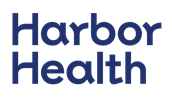 The image shows the words Harbor Health in bold, dark blue lettering on a light gray background.