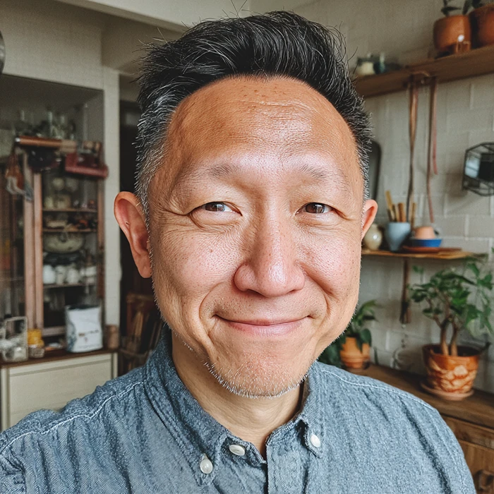 A middle-aged man with short dark hair and wearing a blue button-up shirt smiles at the camera. He is standing in a cozy, well-lit room with shelves holding plants and various household items in the background.