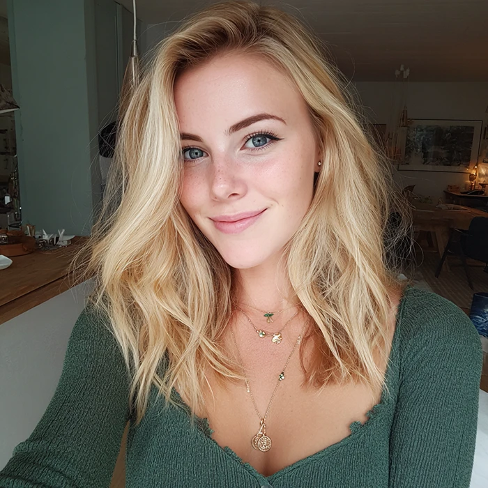 A young woman with blonde, wavy hair smiles at the camera. She is wearing a green top and layered gold necklaces. The background shows a cozy, well-lit room with wooden furniture and soft décor.