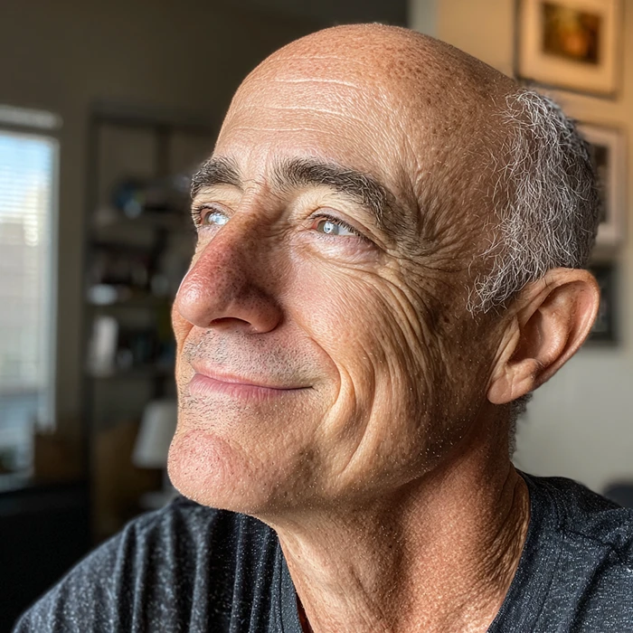 A middle-aged man with short gray hair smiles softly while looking to the side. He is indoors with soft natural light illuminating his face, showing his wrinkles and blue eyes. The background is slightly blurred with shelves and framed pictures.