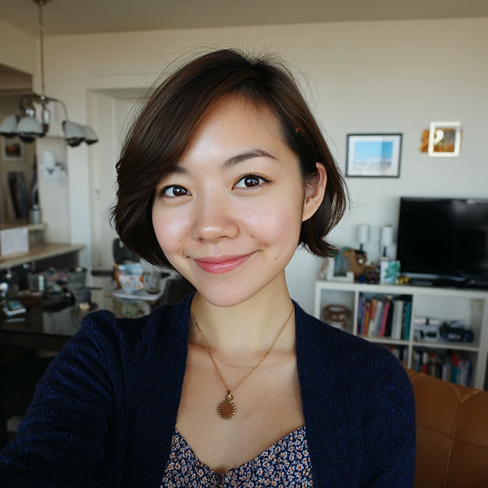 A woman with short brown hair and a blue cardigan smiles at the camera in a cozy, well-lit living room with shelves, books, a TV, and framed pictures in the background.