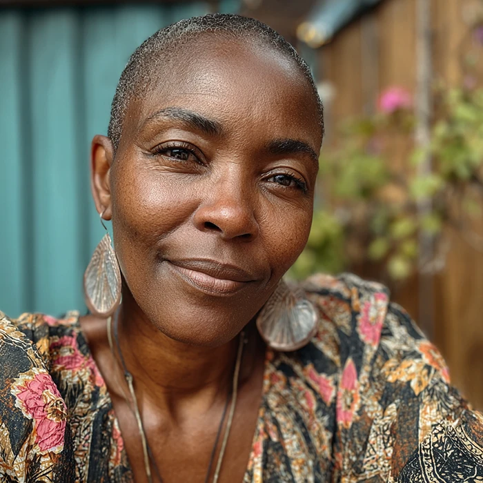 A woman with closely cropped hair wears patterned clothing and large, leaf-shaped earrings, smiling softly at the camera. A blurred background shows plants and a wooden fence.