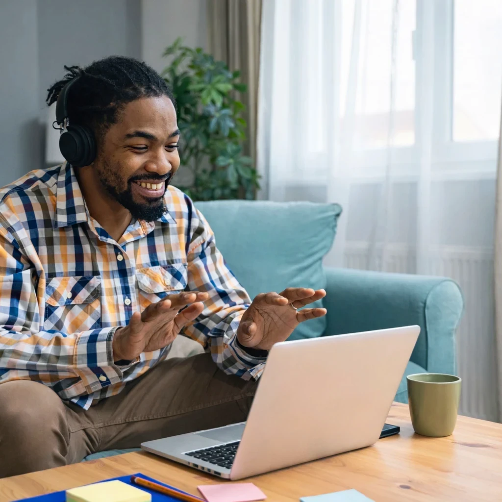 A smiling man wearing headphones and a plaid shirt sits on a couch, gesturing at his laptop during a video call. A coffee mug and colorful sticky notes are on the table in front of him.