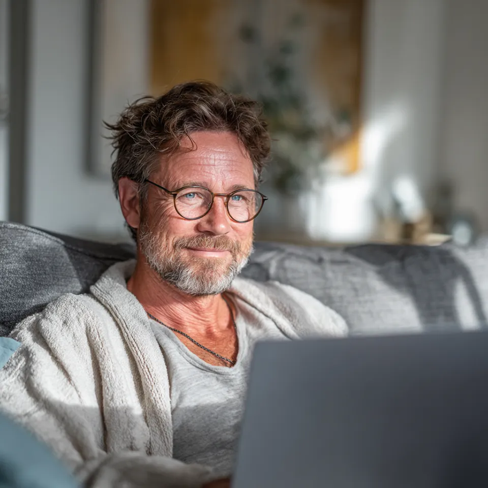 A middle-aged man with glasses and a beard sits on a couch, smiling warmly while using a laptop. He is wearing a light shirt and a cozy robe, with sunlight streaming through a window behind him.