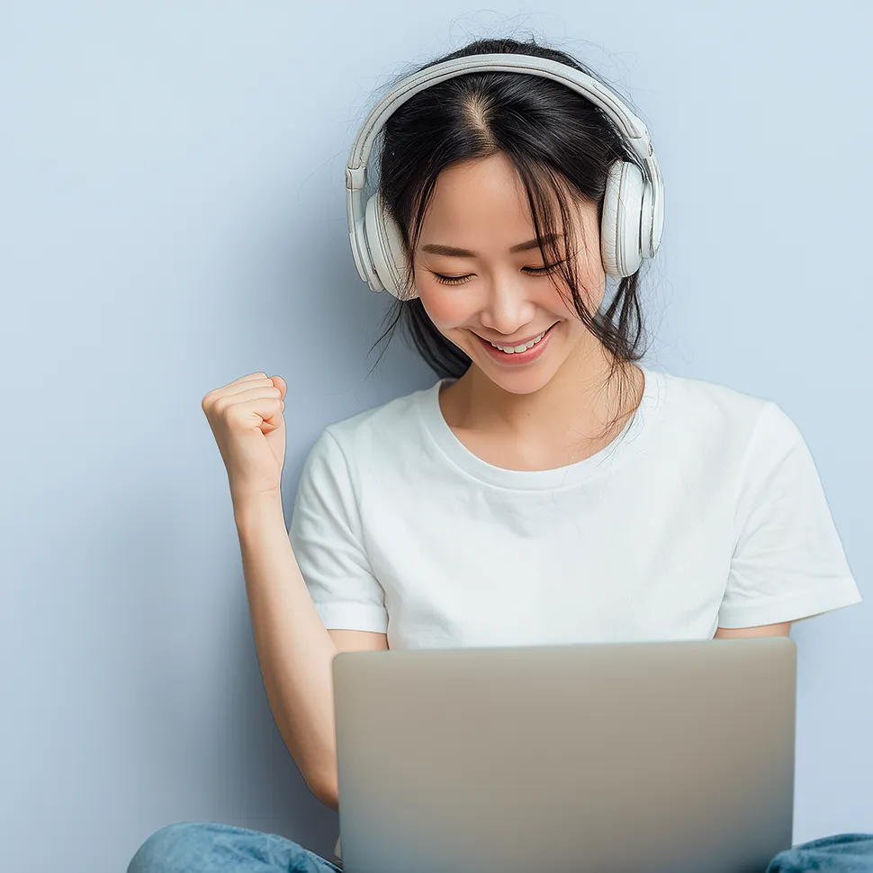 Smiling woman wearing headphones, seated against a light blue wall, raising a fist joyously while using a laptop, conveying happiness and success.