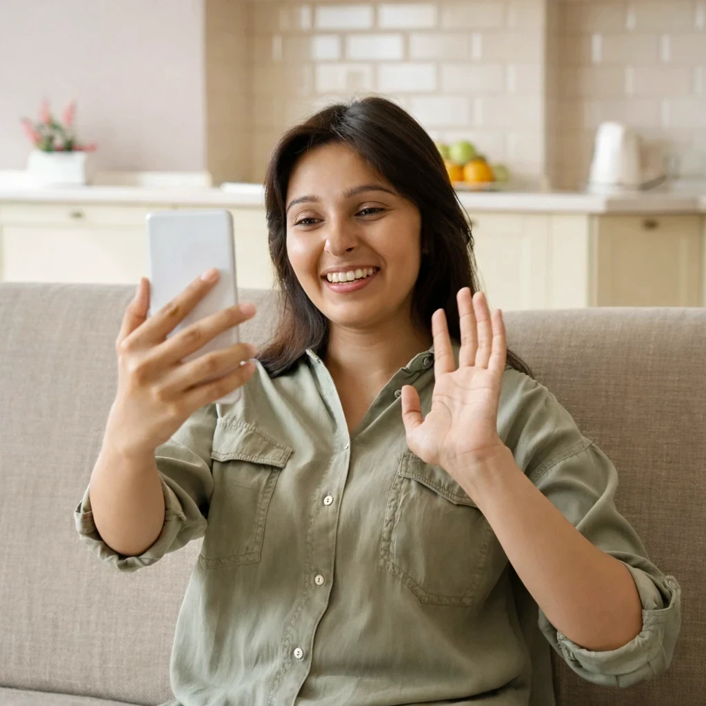 A smiling woman sits on a sofa in a kitchen, holding a smartphone and waving, as if on a video call. She has long dark hair and is wearing a green button-up shirt.