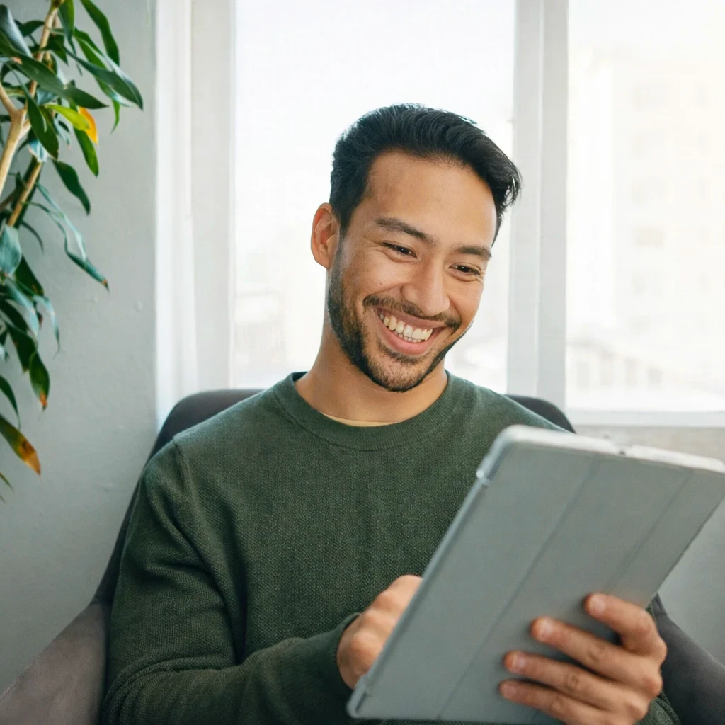 A man with dark hair and a beard sits in a chair, smiling as he uses a tablet. He wears a green sweater and is in a bright room with a large window and a potted plant beside him.