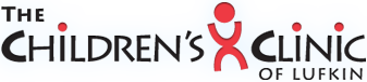 Logo for The Children’s Clinic of Lufkin, featuring stylized black text and a red stick figure incorporated into the word CLINIC as the letter I.