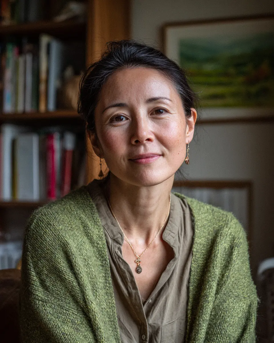 A woman with a gentle smile sits in a cozy room, wearing a green shawl and gold jewelry. Books and a nature painting are blurred in the background.