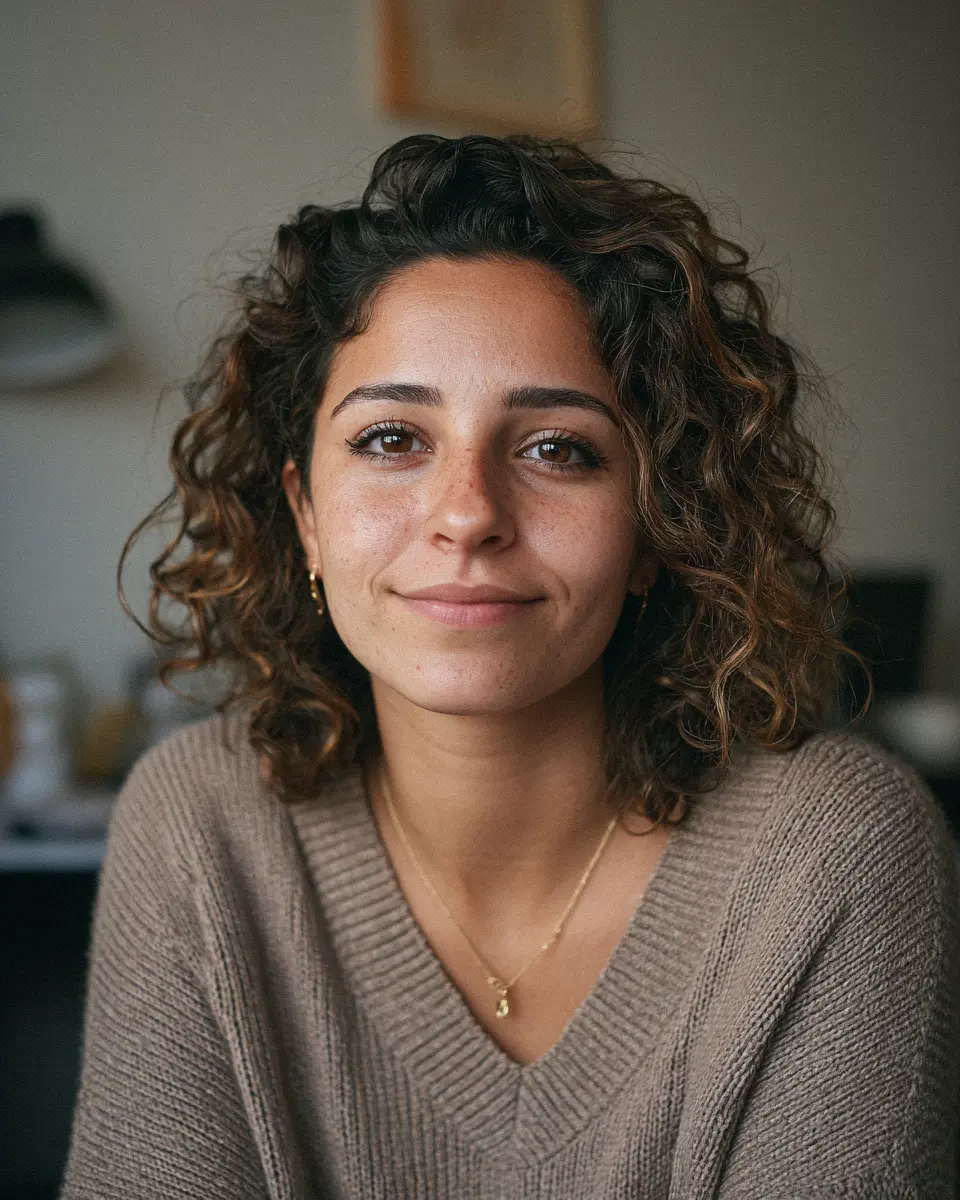 A woman with curly hair and a warm smile is wearing a beige sweater and gold necklace. She sits in a cozy, softly lit room, evoking a relaxed ambiance.