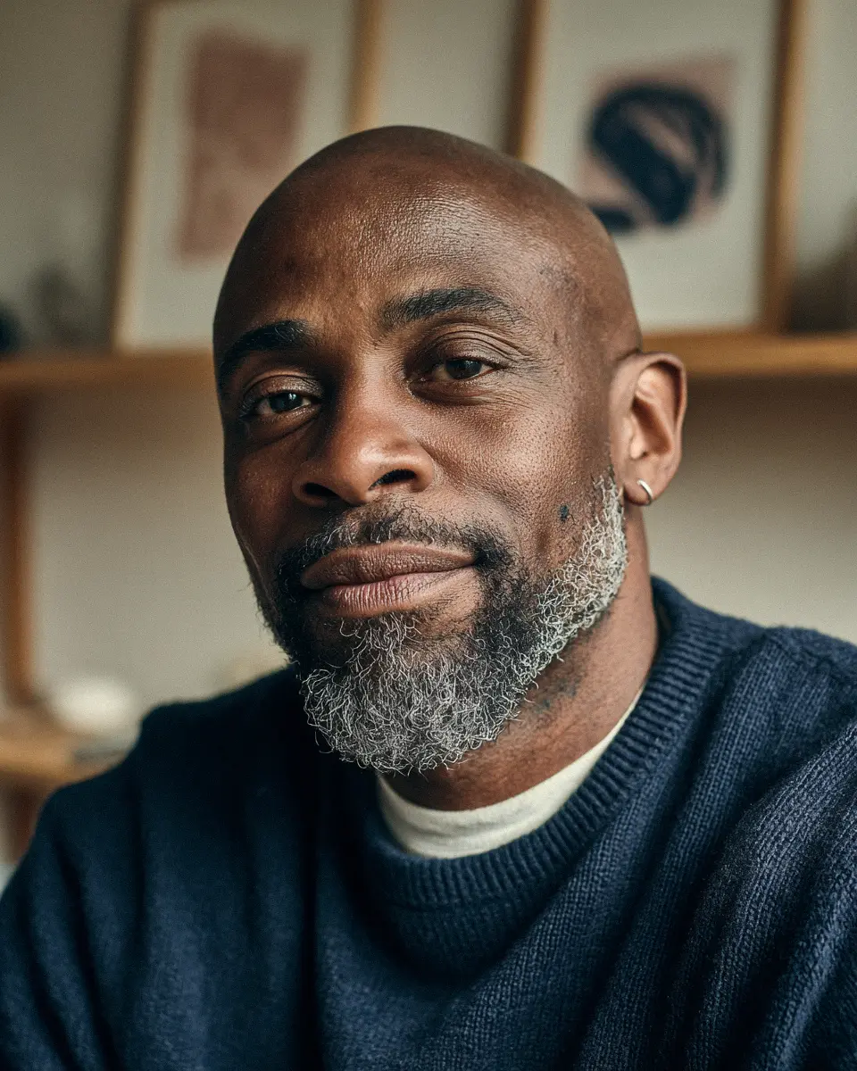 A man with a gray beard and a gentle smile looks at the camera. He wears a navy sweater. The background features blurred framed artwork, conveying warmth and calm.