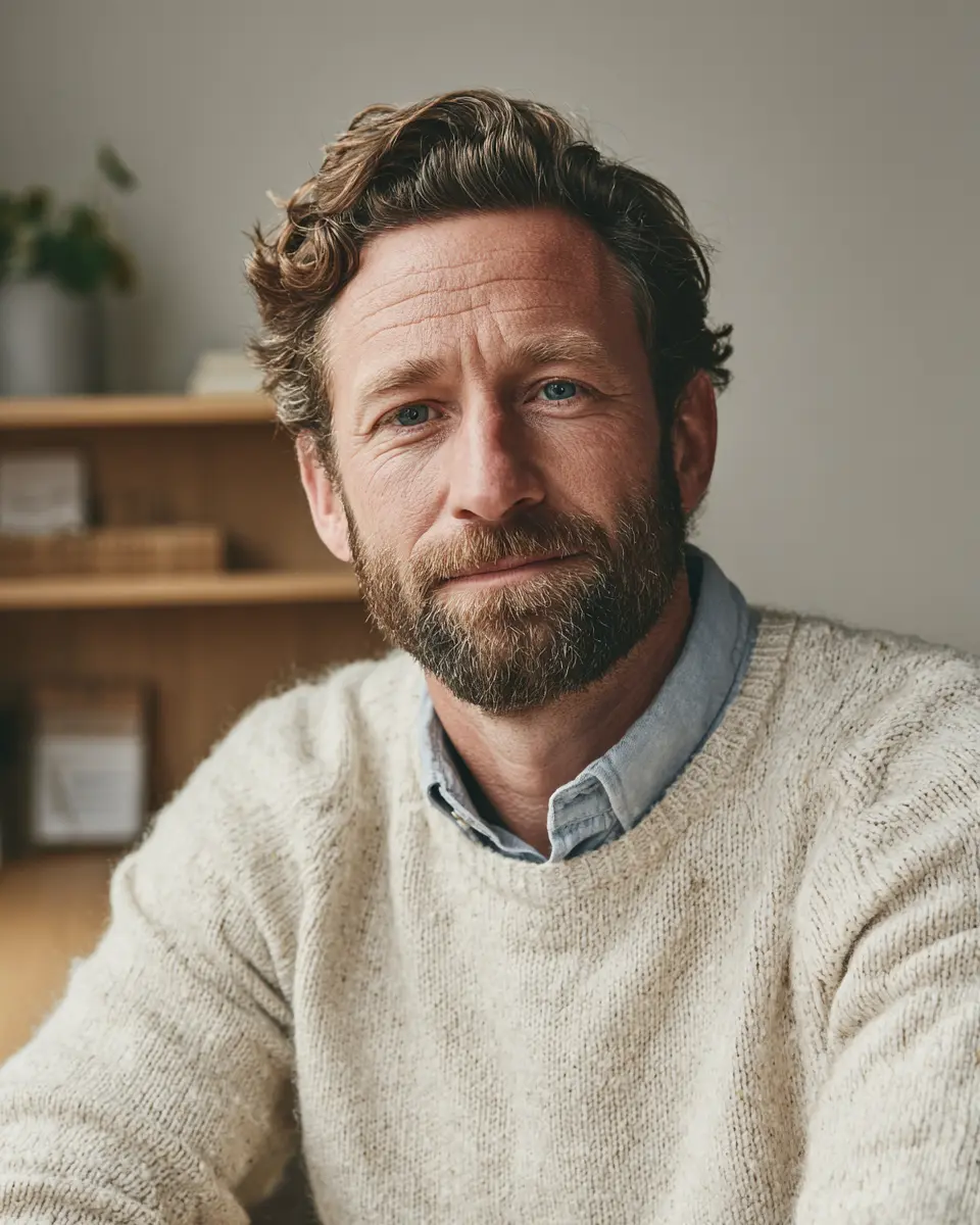 A bearded man with curly hair and wearing a cream sweater and blue shirt, sits indoors, conveying a calm and thoughtful expression. Books and plants adorn the background.