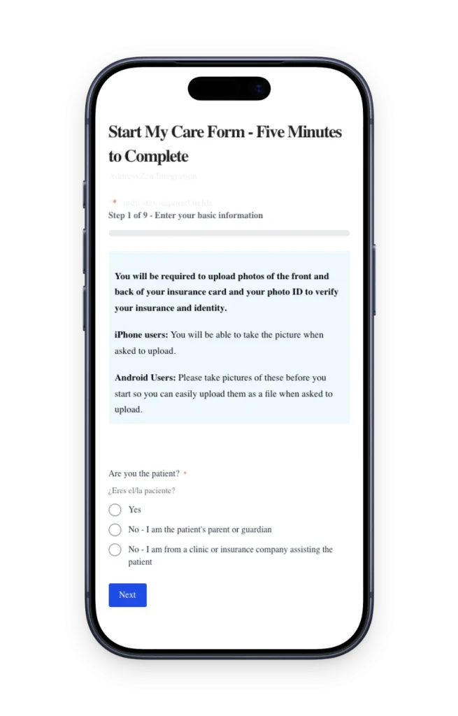 televero start my care form on mobile phone