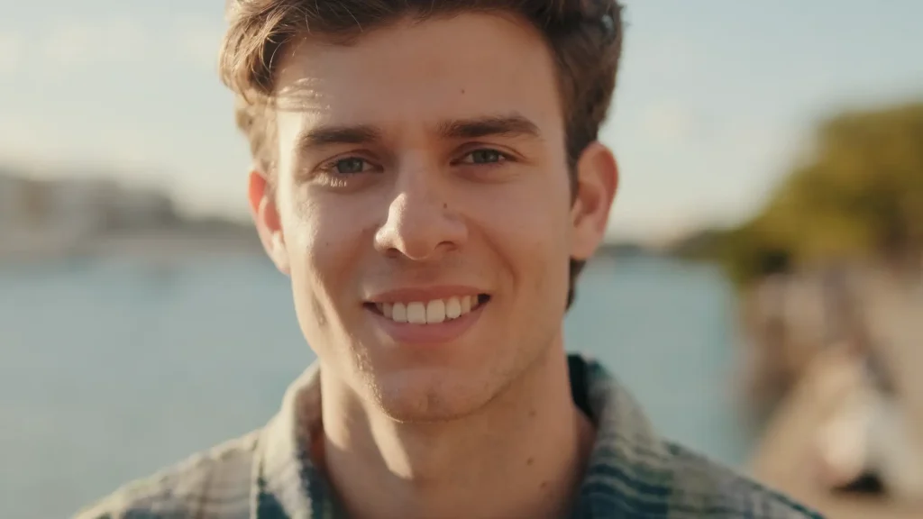 Smiling young man outdoors with blurred water and greenery in background, wearing a plaid shirt. The scene conveys a warm and relaxed atmosphere.
